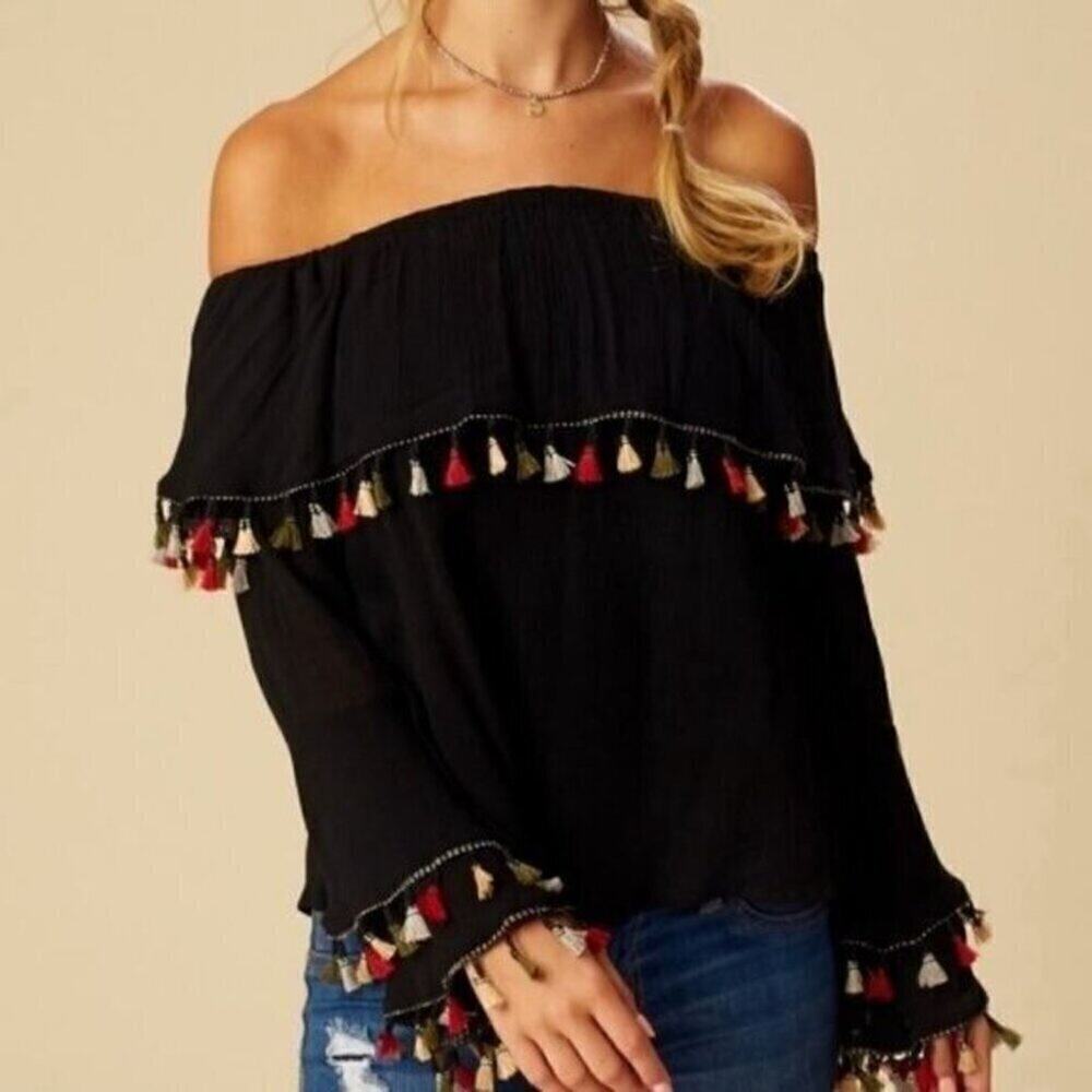 Altar'd State Black‎ Off Shoulder Shirt Marisol Top Tassels Small - Picture 2 of 7